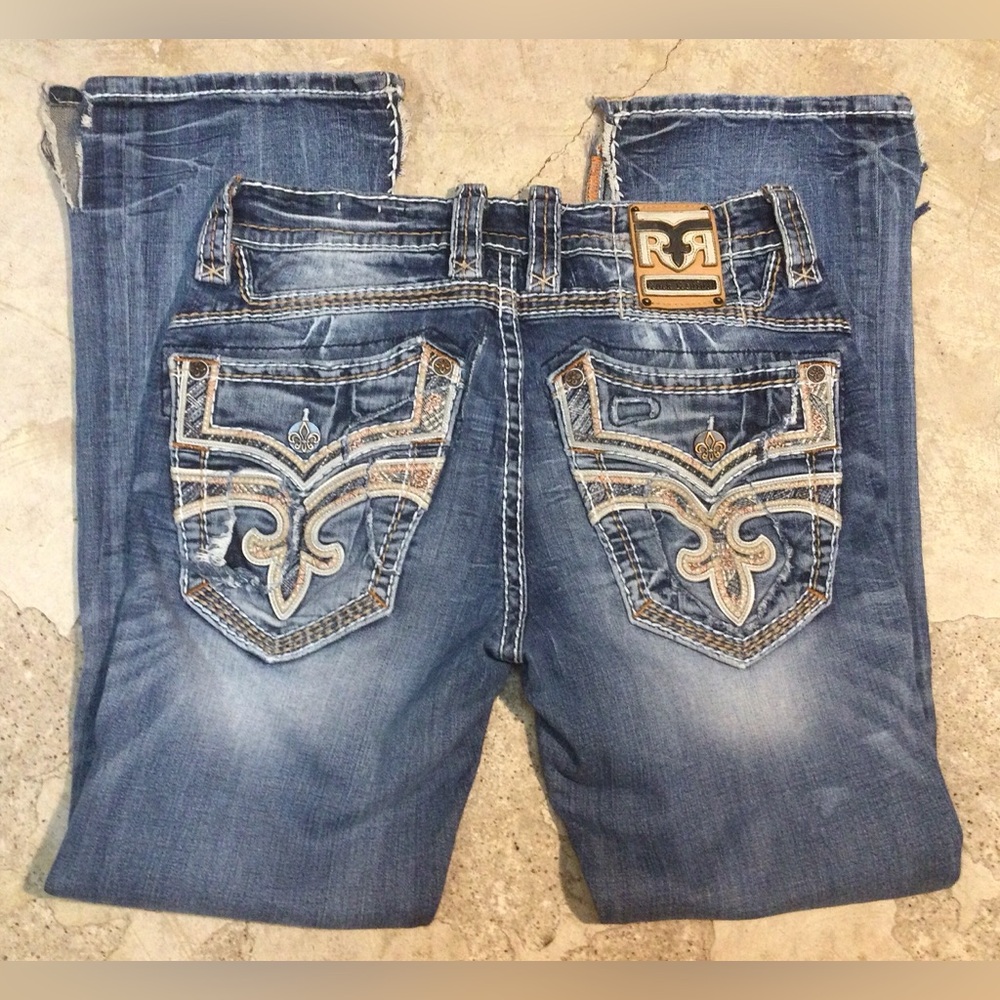 Mens Rock Revival Jeans "Hanvid" Thick Leather Insert Slim Boot 32x32 DISTRESSED